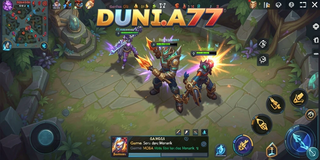 Gameplay intens DUNIA77 dengan aksi MOBA yang mendebarkan.