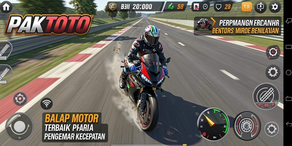 Tampilan gameplay seru di PAKTOTO dengan motor balap yang cepat.